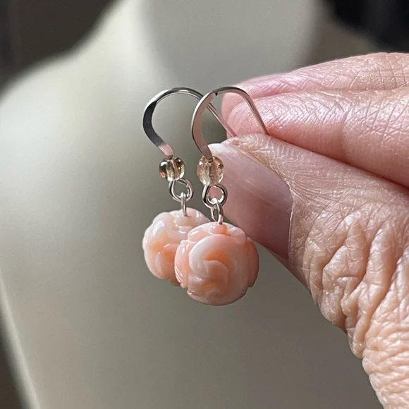 Hand carved undyed angel skin coral solid sterling silver drop hoop earrings - Picture 1 of 7